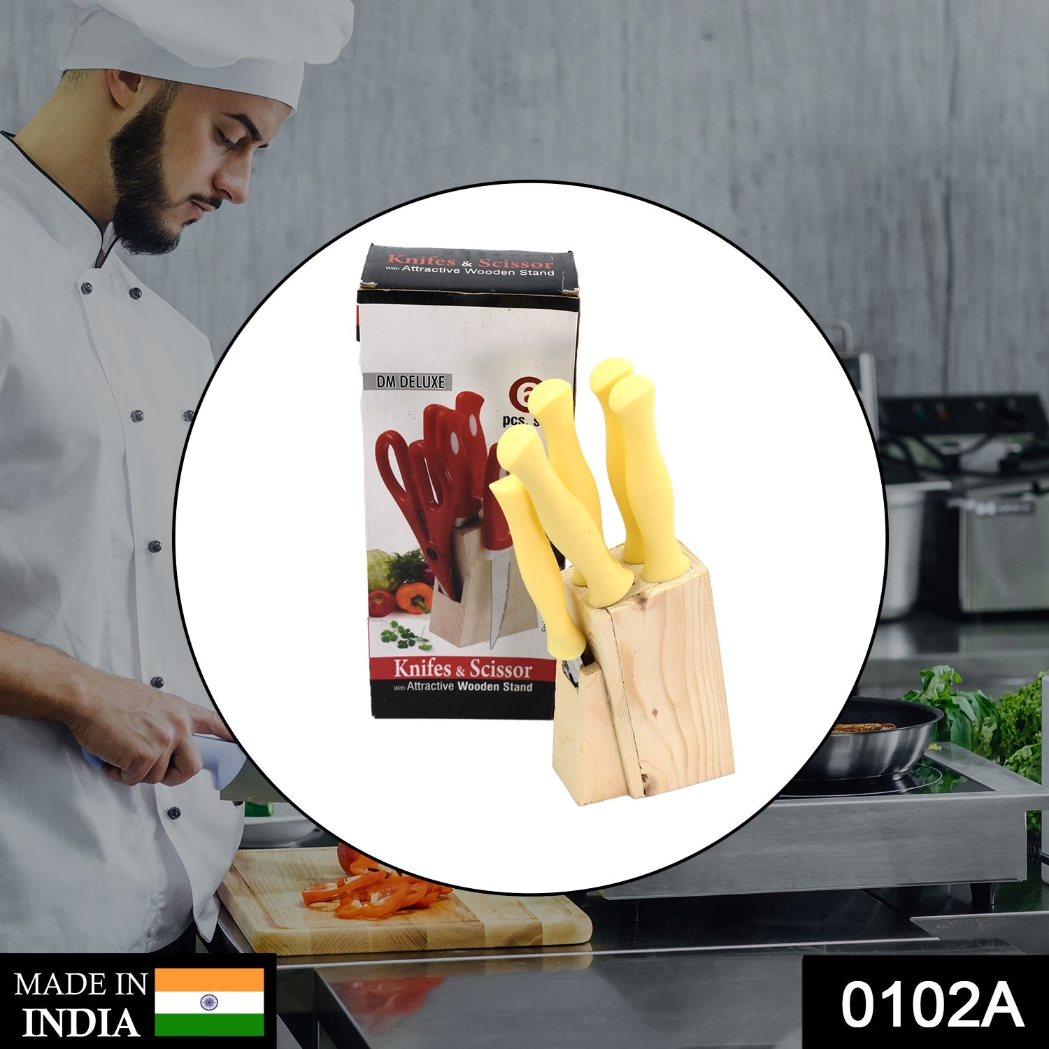 0102A Stainless Steel Kitchen Knife Set with Wooden Stand & Scissor Vegetable & Meat Cutting DeoDap 0102A Stainless Steel Kitchen Knife Set with Wooden Stand & Scissor Vegetable & Meat Cutting DeoDap